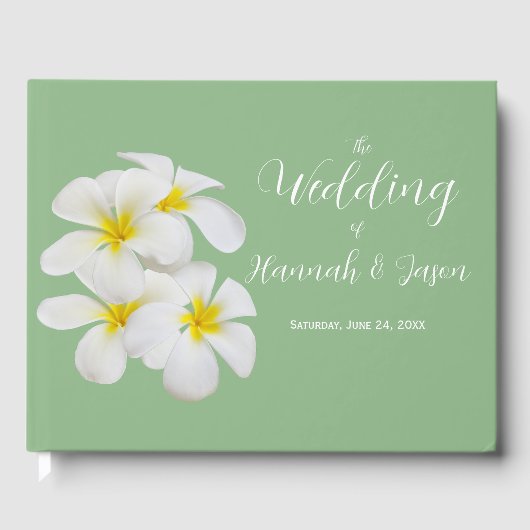 Witte Frangipani Bloemen, op Salie, Bruiloft Gastenboek (Voorkant)