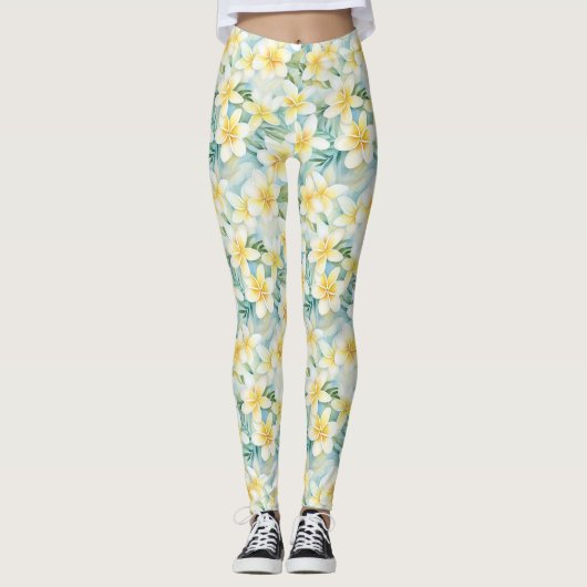 Witte Frangipani Flower All-Over-Print Leggings (Voorkant)