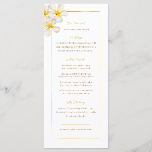Witte frangipani tropische bruiloft menu (Achterkant)