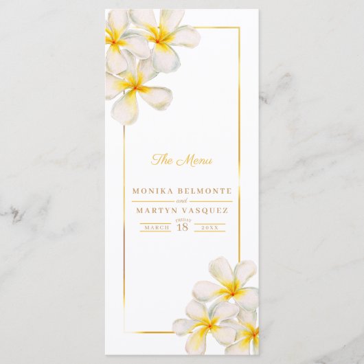 Witte frangipani tropische bruiloft menu (Voorkant)