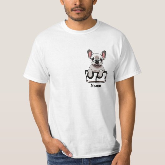 Witte Franse Bull Dog in je zak T-shirt (Voorkant)