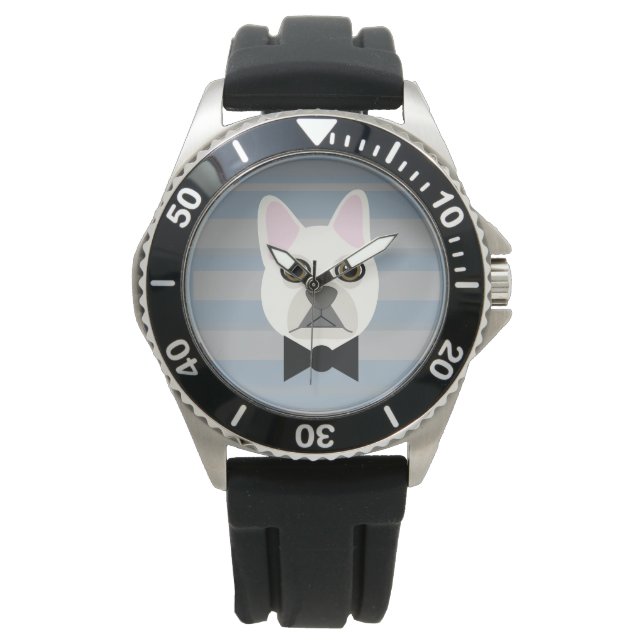 Witte Franse Bulldog, Stripes Horloge (Voorkant)