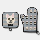 Witte Franse Bulldog, Stripes Ovenwant & Pannenlap Set (Voorkant)