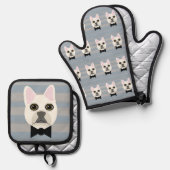 Witte Franse Bulldog, Stripes Ovenwant & Pannenlap Set (Voorkant / Achterkant)