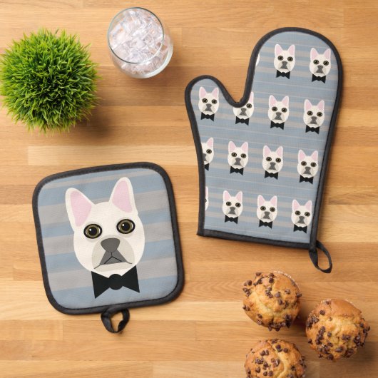 Witte Franse Bulldog, Stripes Ovenwant & Pannenlap Set (Top down)