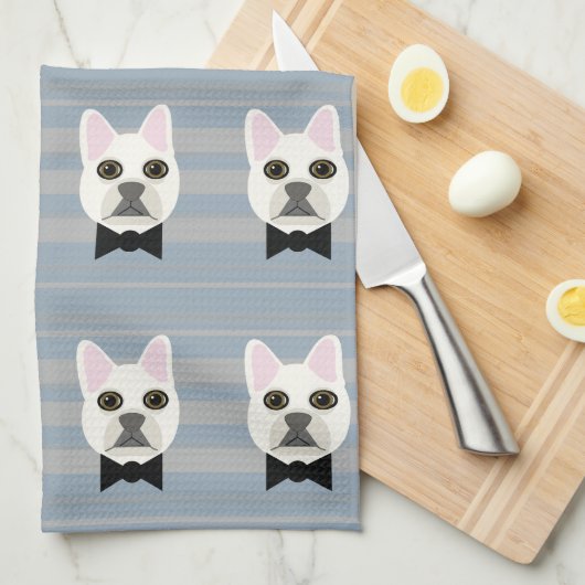 Witte Franse Bulldog, Stripes Theedoek (Quarter Fold)