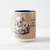 Witte Frenchie in het Plaid Hondenbed Tweekleurige Koffiemok (Voorkant links)
