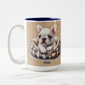 Witte Frenchie in het Plaid Hondenbed Tweekleurige Koffiemok (Links)