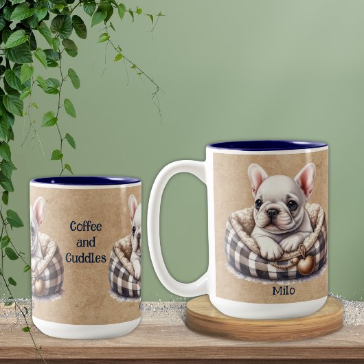 Witte Frenchie in het Plaid Hondenbed Tweekleurige Koffiemok