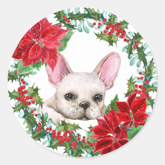 Witte frenchie poinsettia Holly Berry krans Ronde Sticker (Voorkant)
