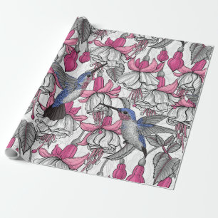 Witte fuchsia en kolibries cadeaupapier