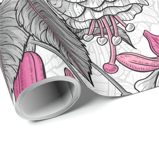 Witte fuchsie en kolibrie cadeaupapier (Rol Hoek)