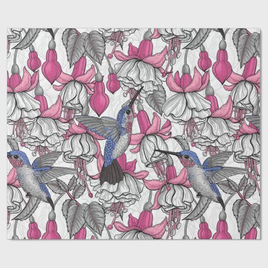 Witte fuchsie en kolibrie cadeaupapier (Vlak)