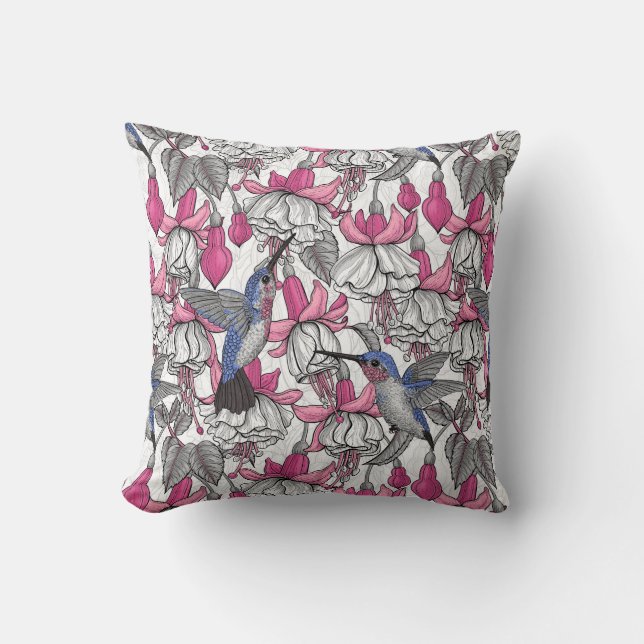 Witte fuchsie en kolibrie kussen (Voorkant)