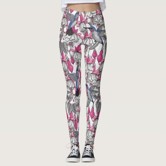 Witte fuchsie en kolibrie leggings (Voorkant)