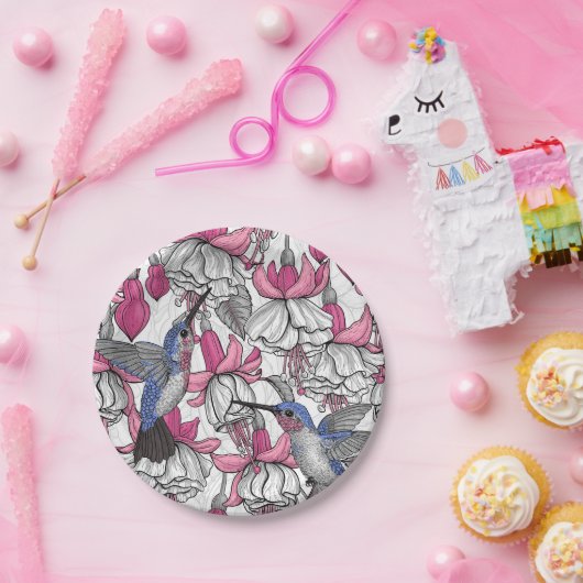 Witte fuchsie en kolibrie papieren bordje (Feest)