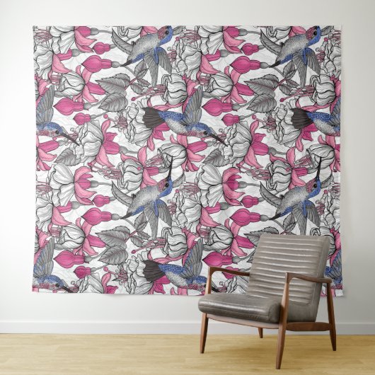 Witte fuchsie en kolibrie wandkleed (In Situ (horizontaal))