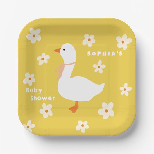 Witte Gans en Daisies Baby shower Papieren Bordje (Voorkant)