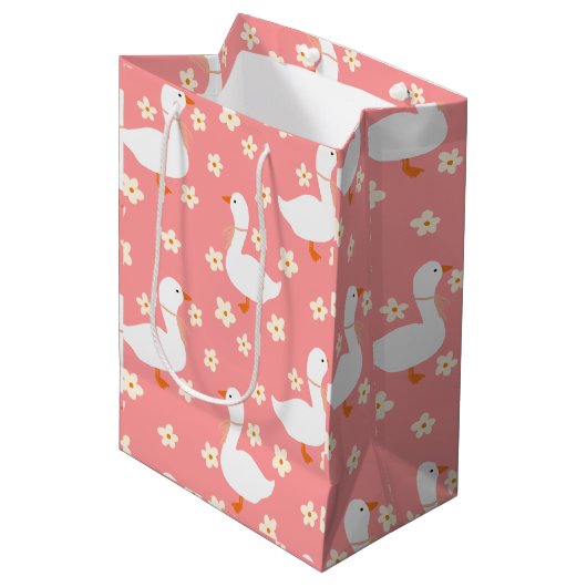 Witte Gans en Daisies Dank u Roze Medium Cadeauzakje (Voorkant Gekanteld)