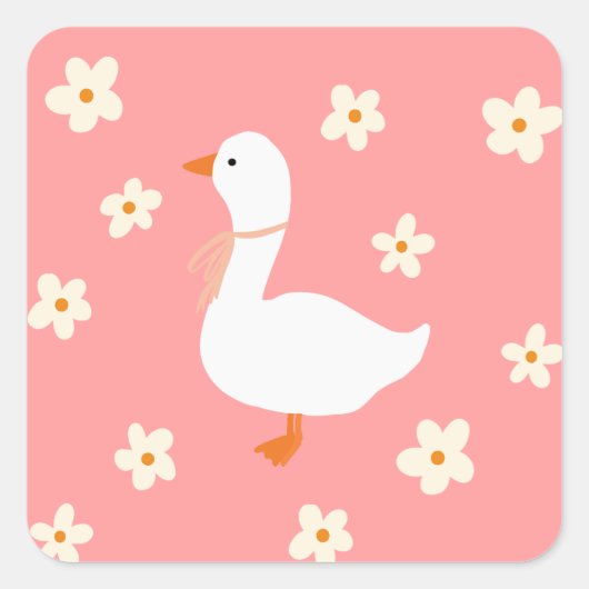 Witte Gans en Daisies Vierkante Sticker (Voorkant)