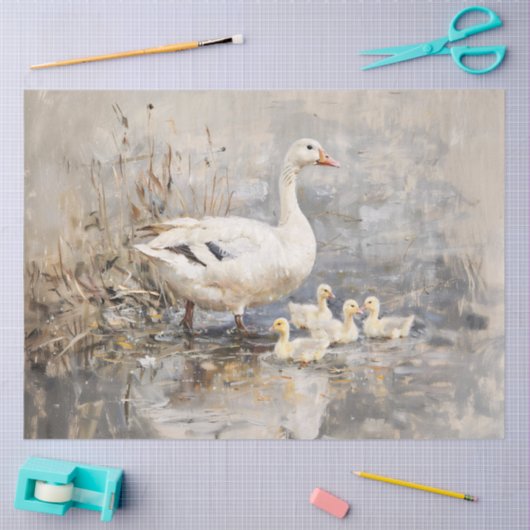 Witte Gans en Goslings Schilderij Decoupage Tissuepapier (Craft)