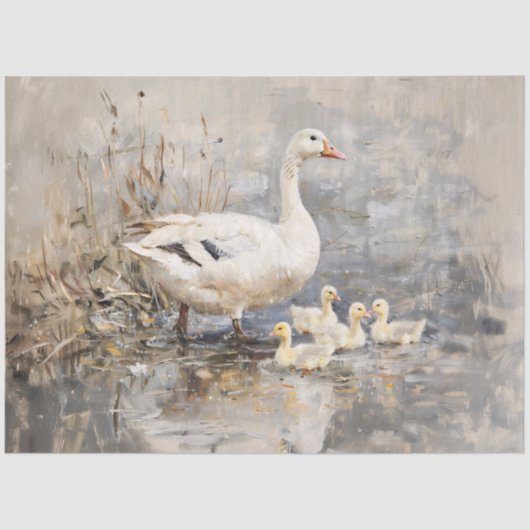 Witte Gans en Goslings Schilderij Decoupage Tissuepapier (Voorkant)