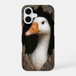 Witte gans gluren uit grillig houten gat iPhone 16 hoesje