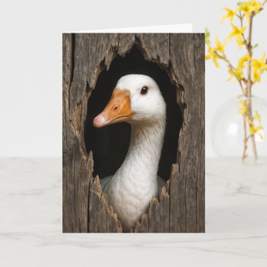 Witte gans gluren uit grillig houten gat kaart (Gele Bloem)