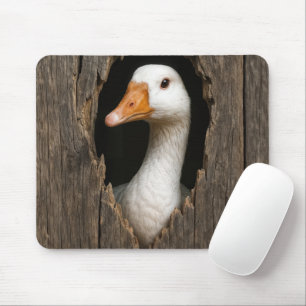 Witte gans gluren uit grillig houten gat muismat