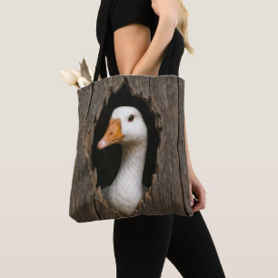 Witte gans gluren uit grillig houten gat tote bag