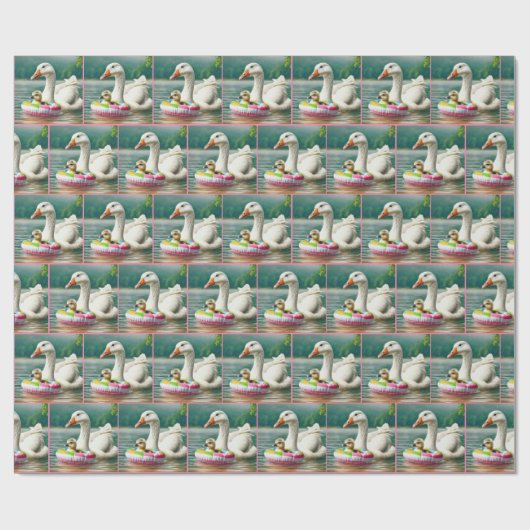 Witte Gans met Gosling in een opblaasbare ring Cadeaupapier (Vlak)