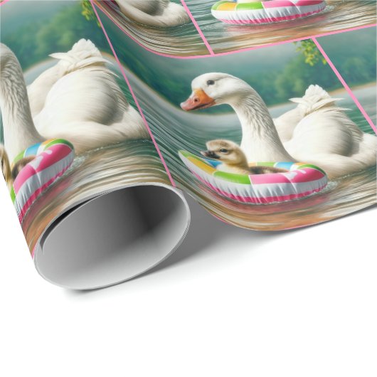Witte Gans met Gosling in een opblaasbare ring Cadeaupapier (Rol Hoek)