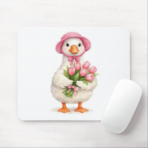 Witte gans met roze tulpboeket muismat