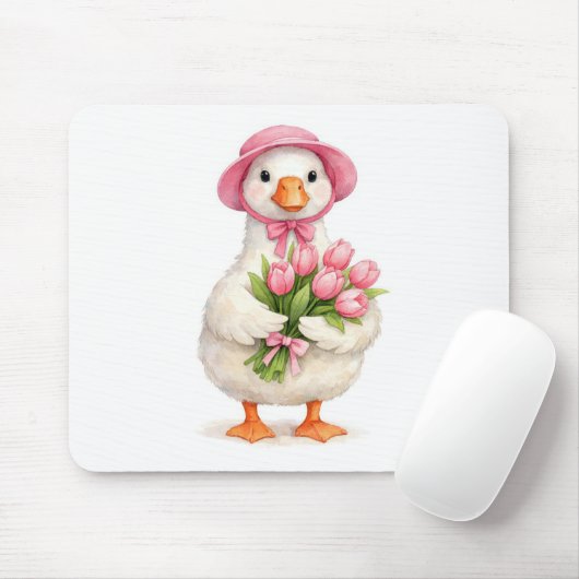 Witte gans met roze tulpboeket muismat (Met muis)