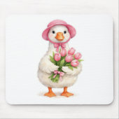 Witte gans met roze tulpboeket muismat (Voorkant)