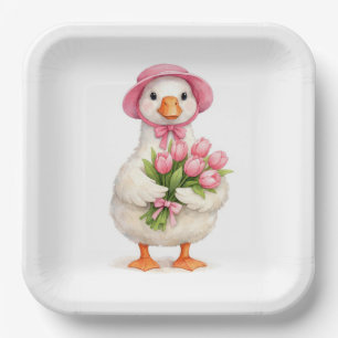 Witte gans met roze tulpboeket papieren bordje