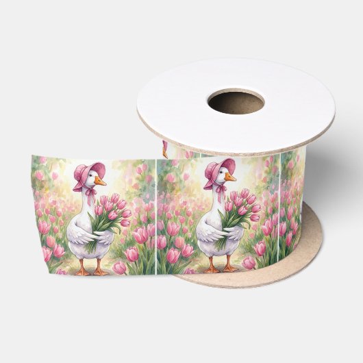 Witte Gans Met Roze Tulpen Satijnen Lint (Spoel)