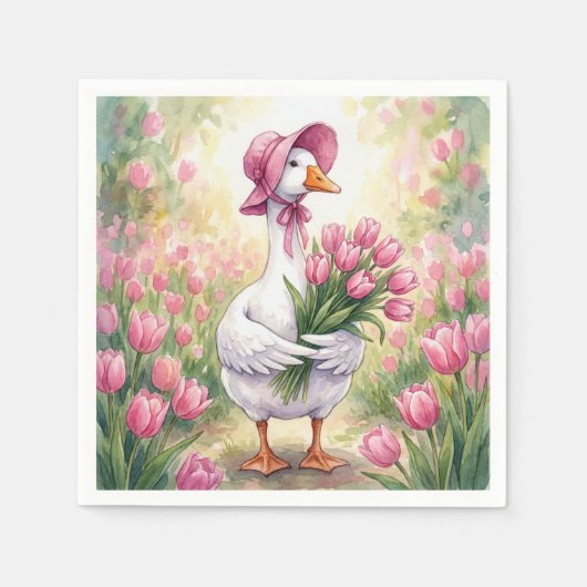 Witte Gans Met Roze Tulpen Servet (Voorkant)