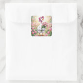 Witte Gans Met Roze Tulpen Vierkante Sticker (Tas)