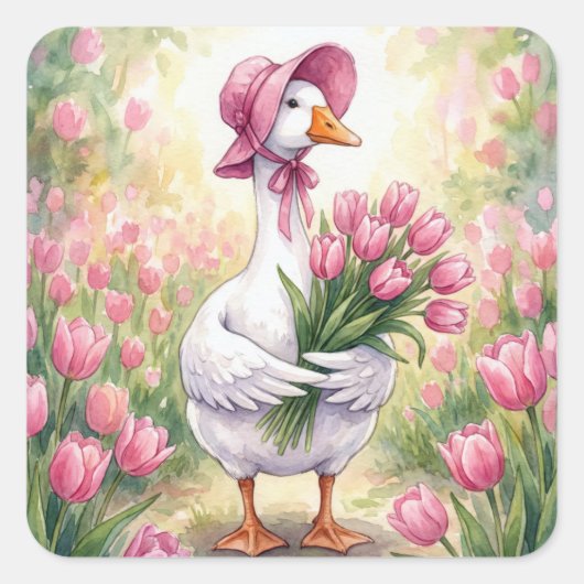 Witte Gans Met Roze Tulpen Vierkante Sticker (Voorkant)