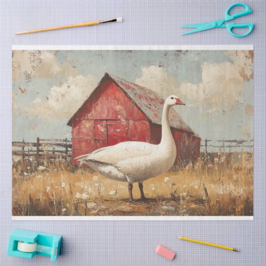 Witte Gans Rode Schuur Kunstwerk Decoupage Tissuepapier (Craft)