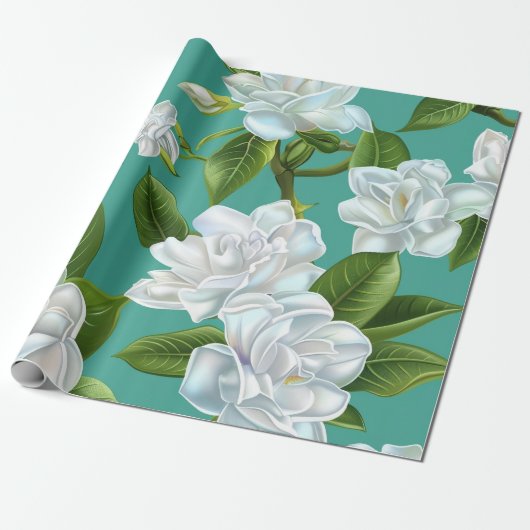 Witte gardenia bloemen cadeaupapier (Uitgerold)