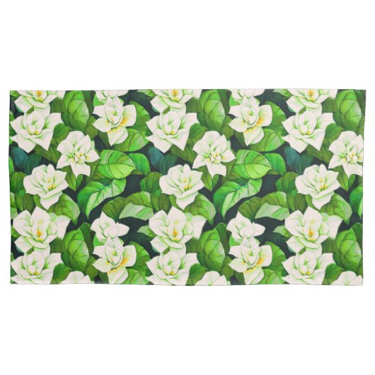 Witte Gardenia's en Jade Groene Bladeren Kussensloop (Voorkant)