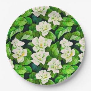 Witte Gardenia's en Jade Groene Bladeren Papieren Bordje