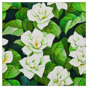 Witte Gardenia's en Jade Groene Bladeren Stof