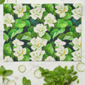Witte Gardenia's en Jade Groene Bladeren Theedoek (Gevouwen)