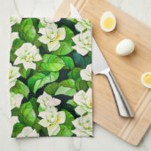 Witte Gardenia's en Jade Groene Bladeren Theedoek (Quarter Fold)