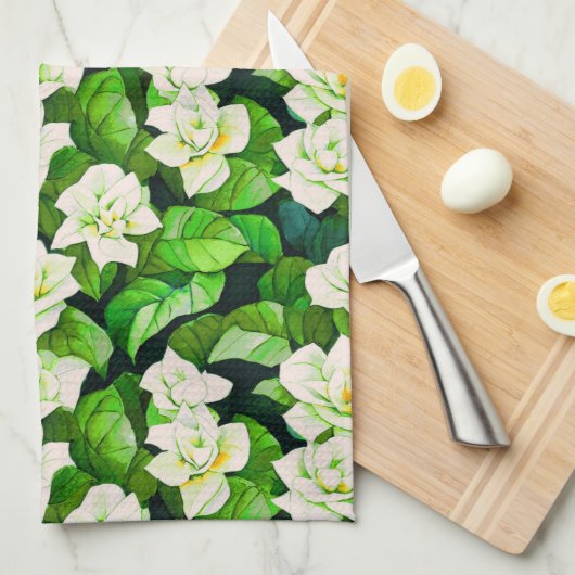 Witte Gardenia's en Jade Groene Bladeren Theedoek (Quarter Fold)