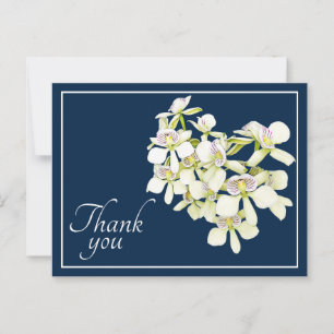 Witte geaderde orchideeën Navy achtergrond Bedankt Briefkaart