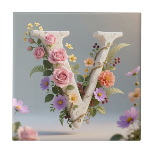 Witte gebloemde gestructureerde monogram letter V Tegeltje (Voorkant)
